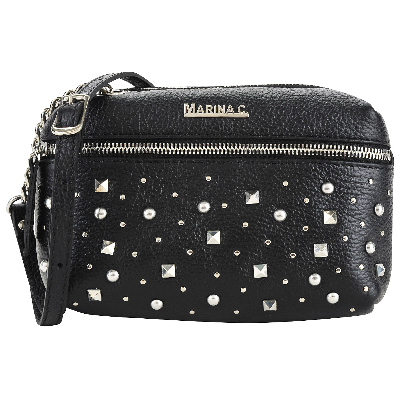 Черная кожаная сумочка через плечо с серебряными клепками Marina Creazioni