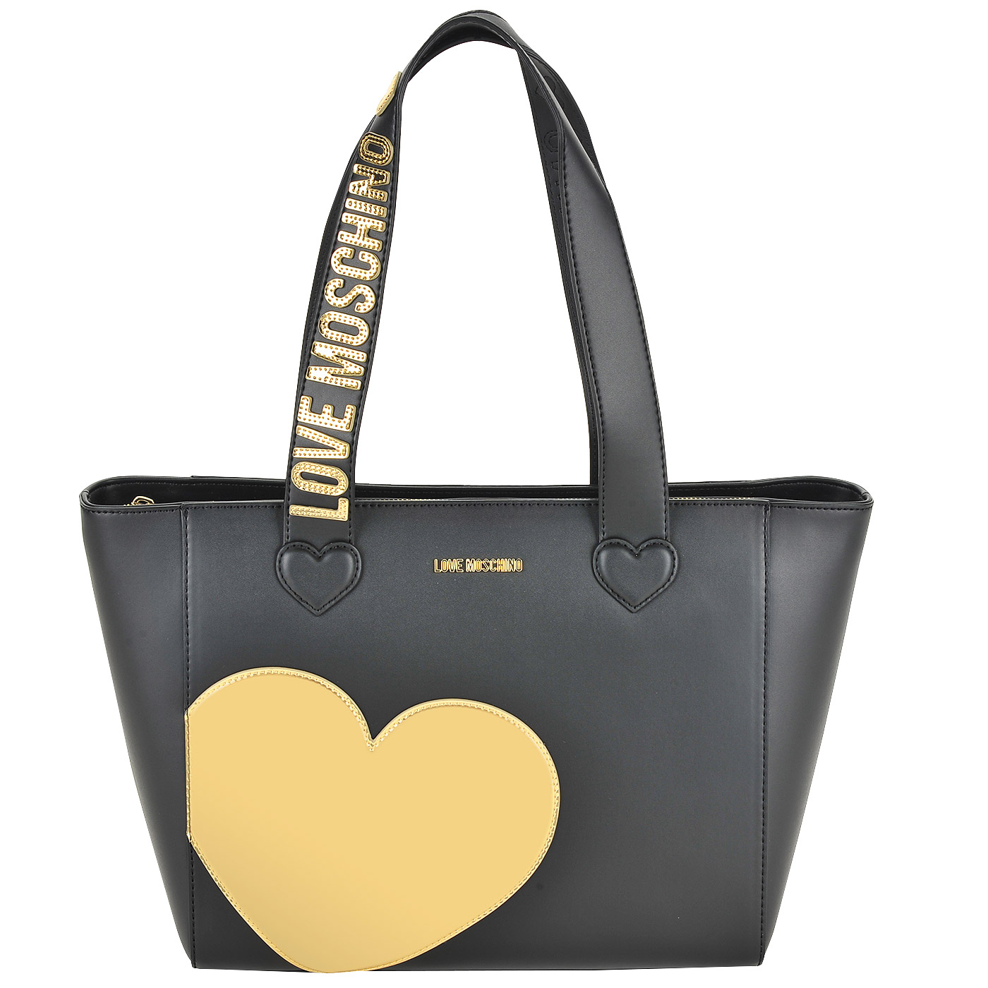 Вместительная черная сумка с длинными ручками и с золотой аппликацией Love Moschino