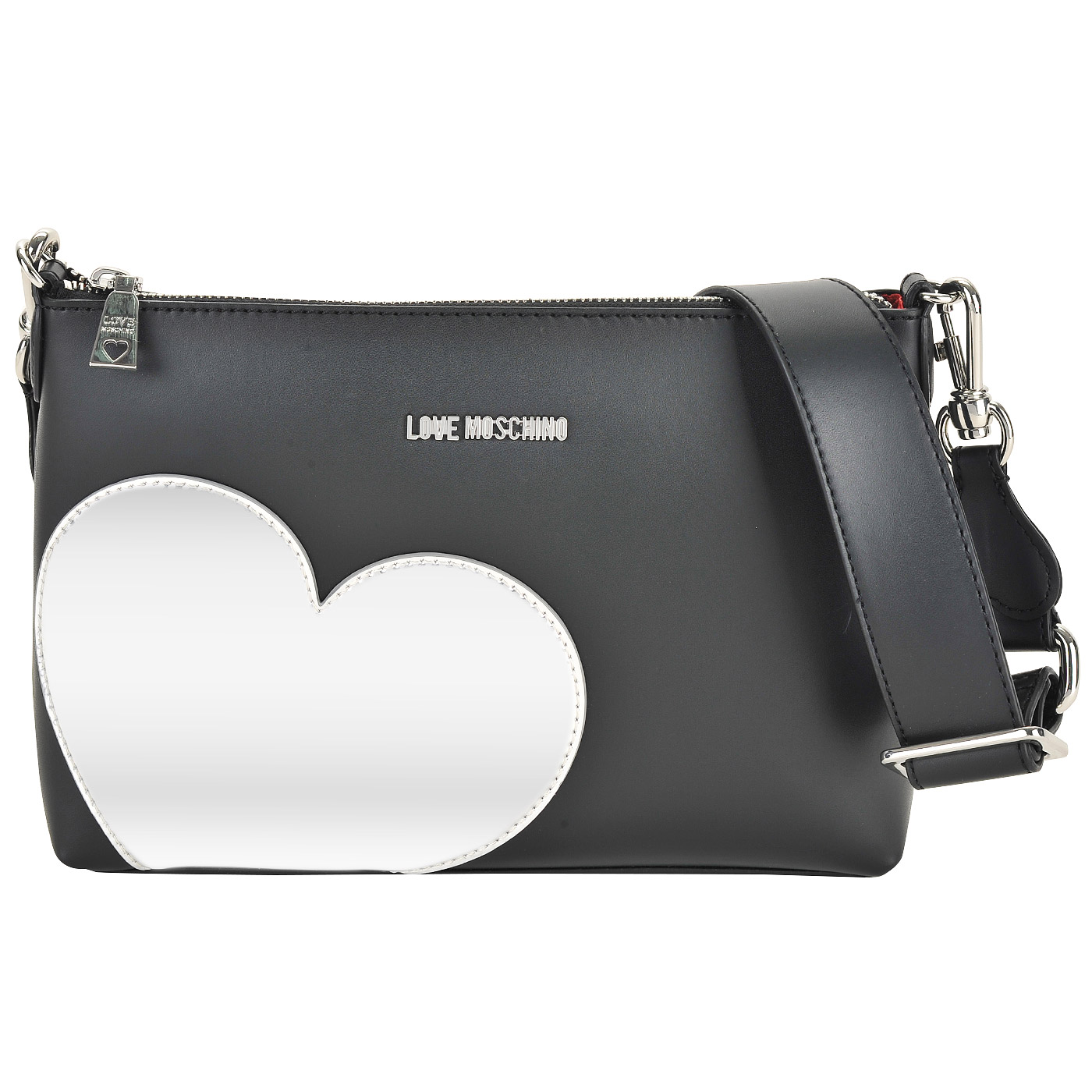 Маленькая черная сумка со съемным плечевым ремешком и с серебряной аппликацией Love Moschino