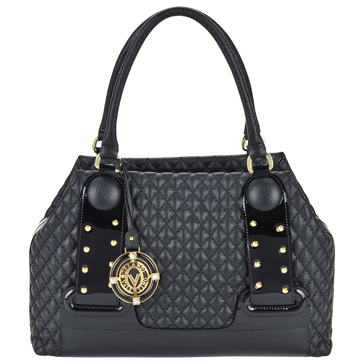 Женская стеганая сумка из черной кожи с лаковыми деталями Valentino Orlandi