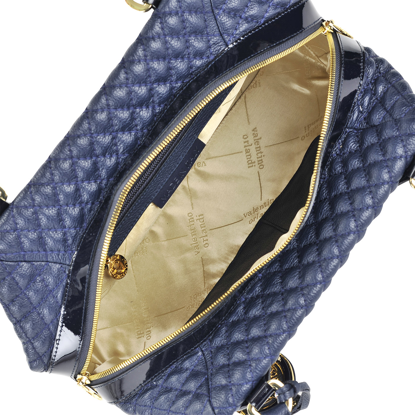 Женская стеганая сумка из синей кожи и лаковыми деталями Valentino Orlandi Marika