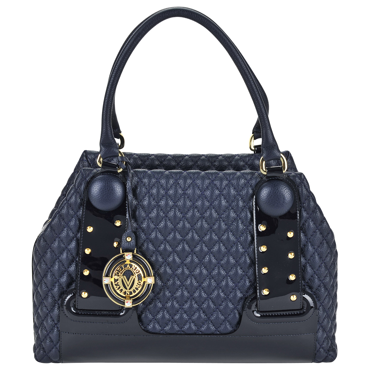 Valentino Orlandi Женская стеганая сумка из синей кожи и лаковыми деталями