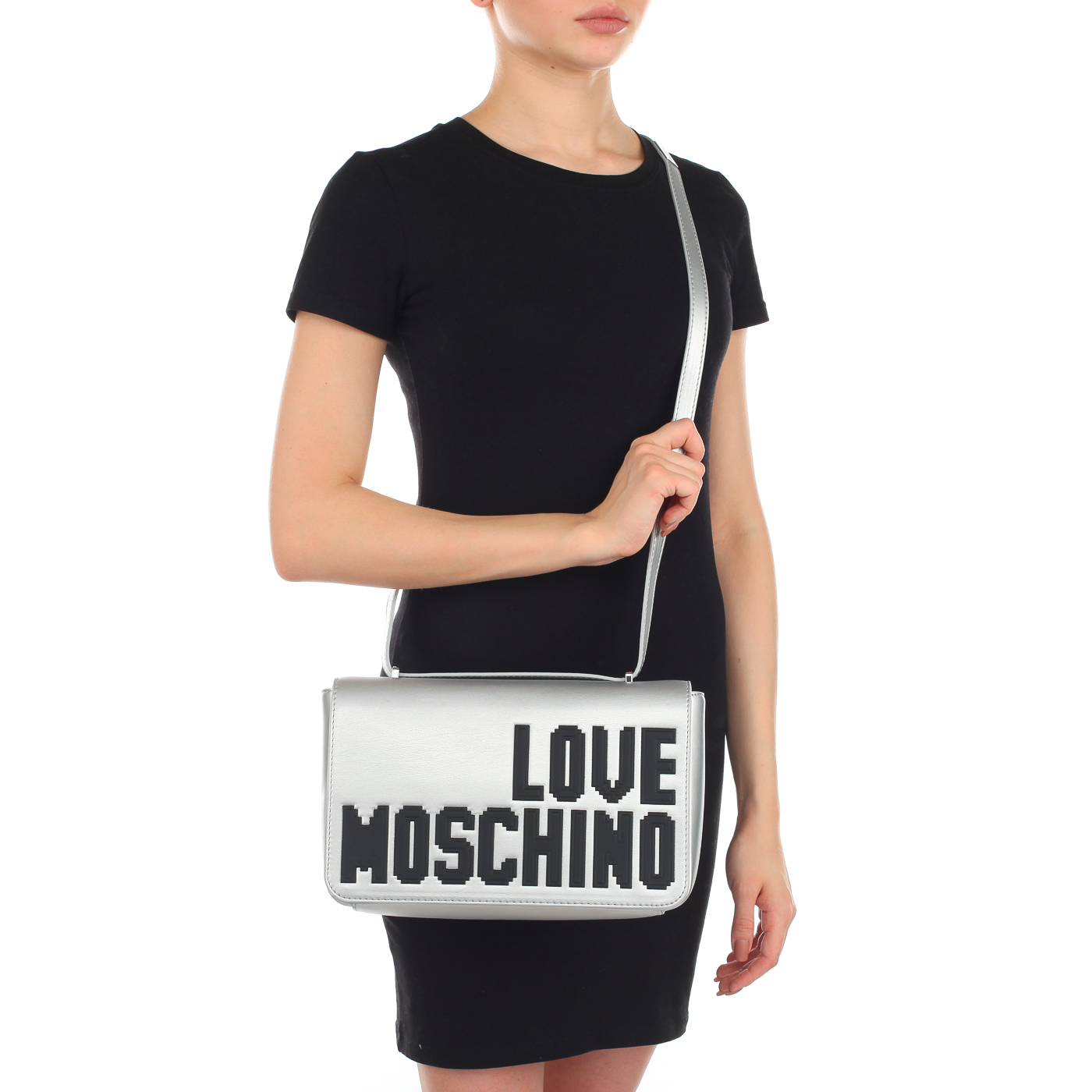 Серебристая женская сумочка через плечо Love Moschino Love Pixel