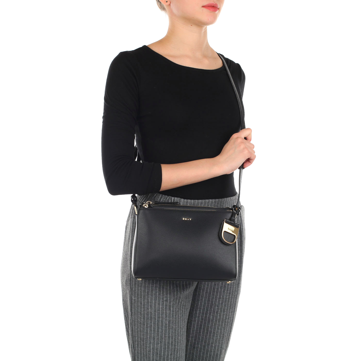 Классическая женская сумка из черной кожи DKNY Cross hatch