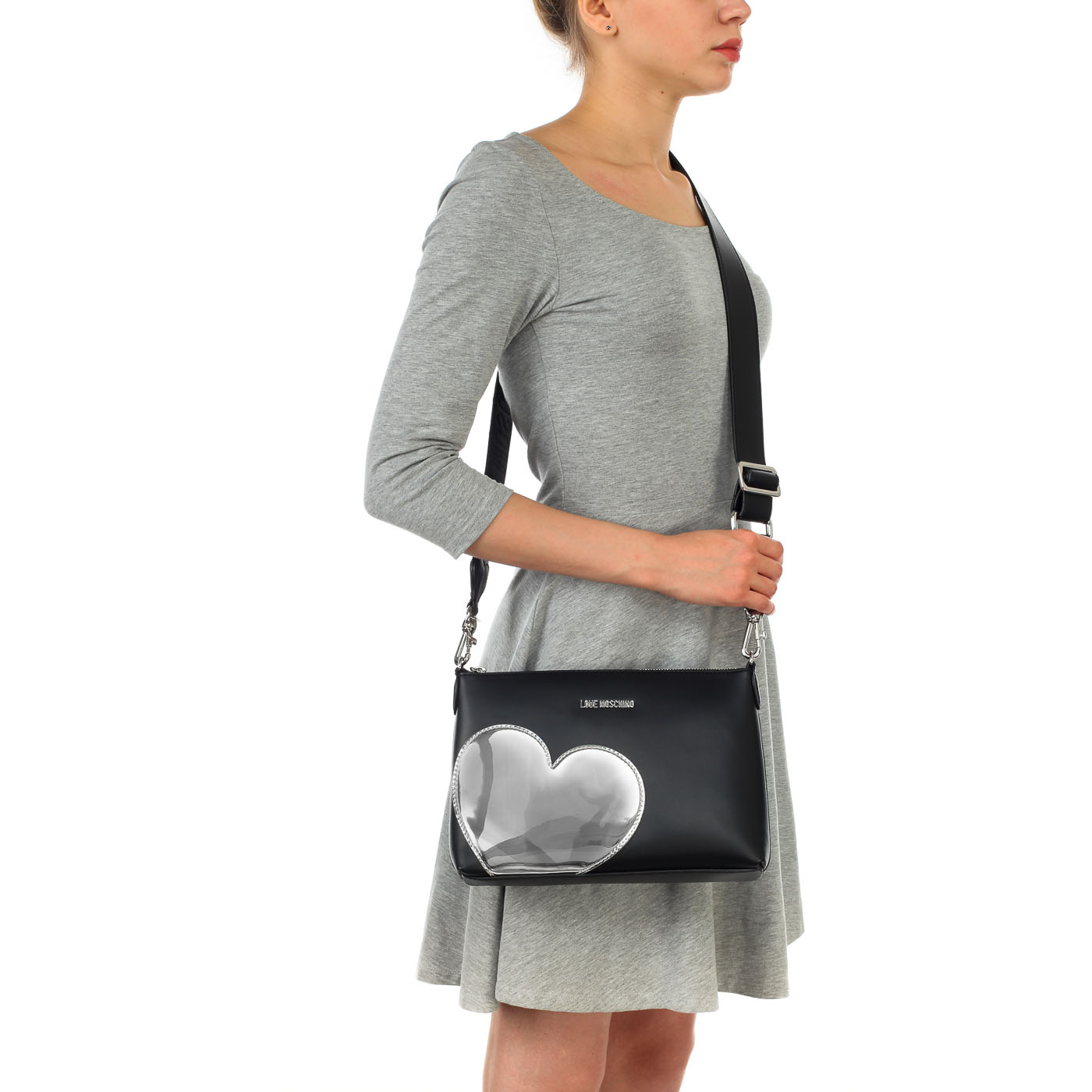 Маленькая черная сумка со съемным плечевым ремешком и с серебряной аппликацией Love Moschino Gold heart