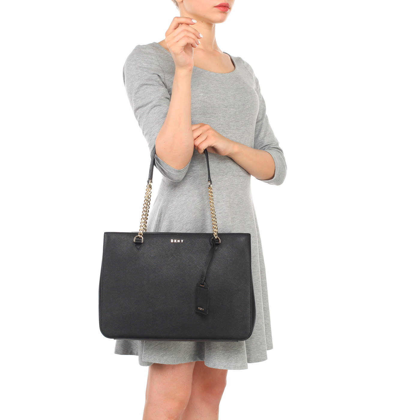 Вместительная женская сумка из сафьяновой кожи с длинными ручками DKNY Saffiano