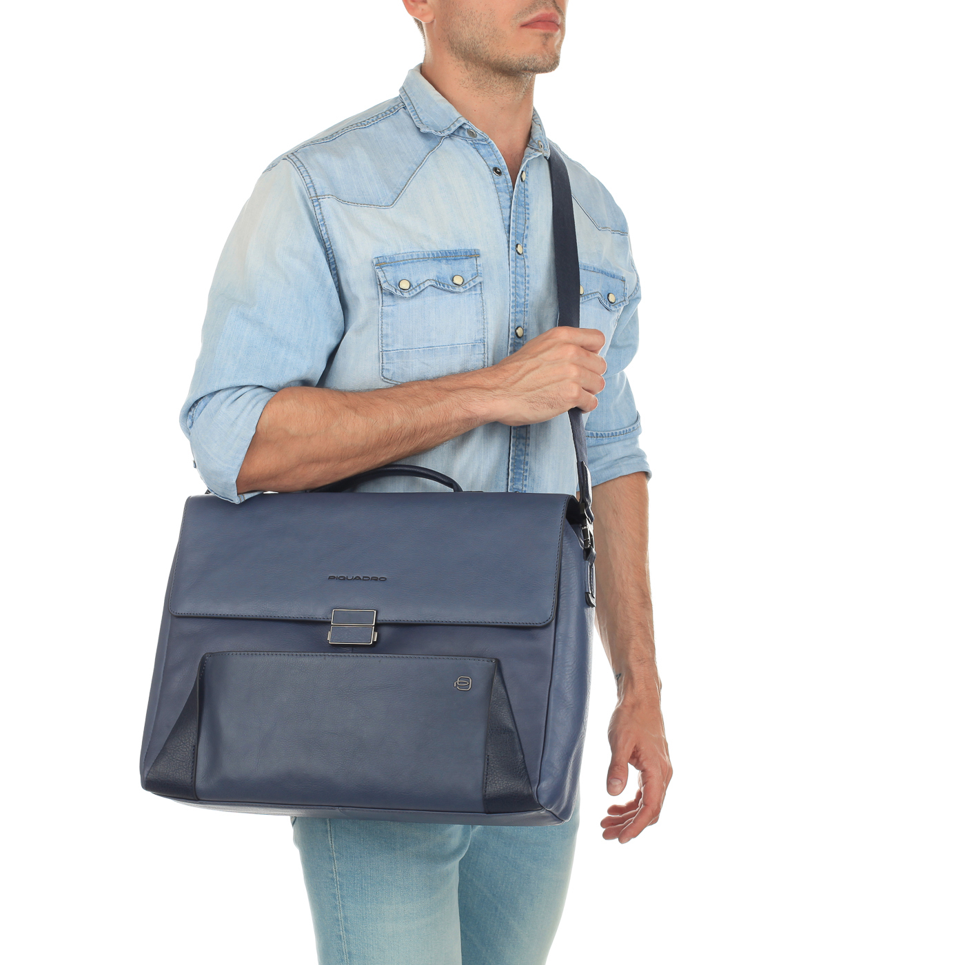 Синий кожаный портфель Piquadro Pan