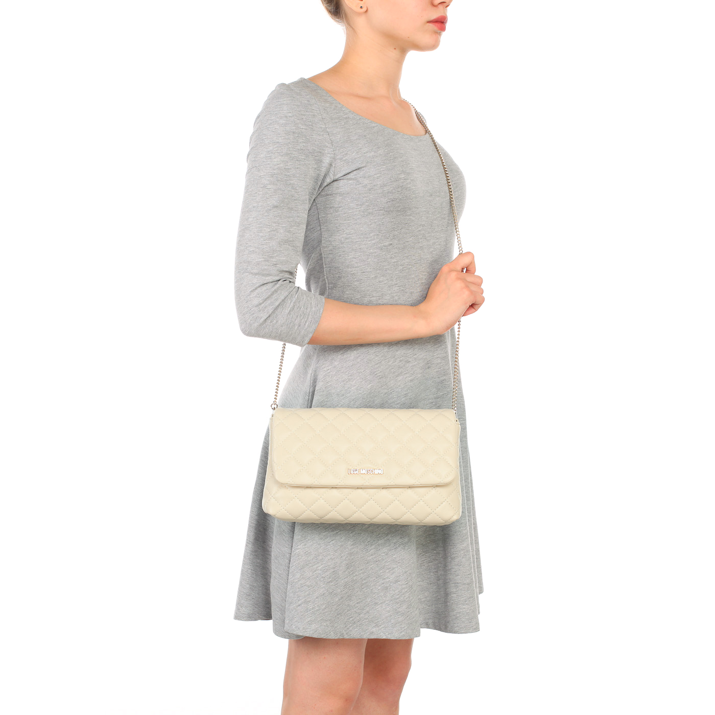 Маленькая бежевая стеганая сумка с откидным клапаном и цепочкой Love Moschino Evening bag