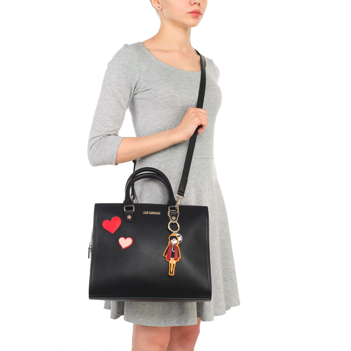 Вместительная женская сумка с аппликацией и съемным брелоком Love Moschino Girls  and  hearts