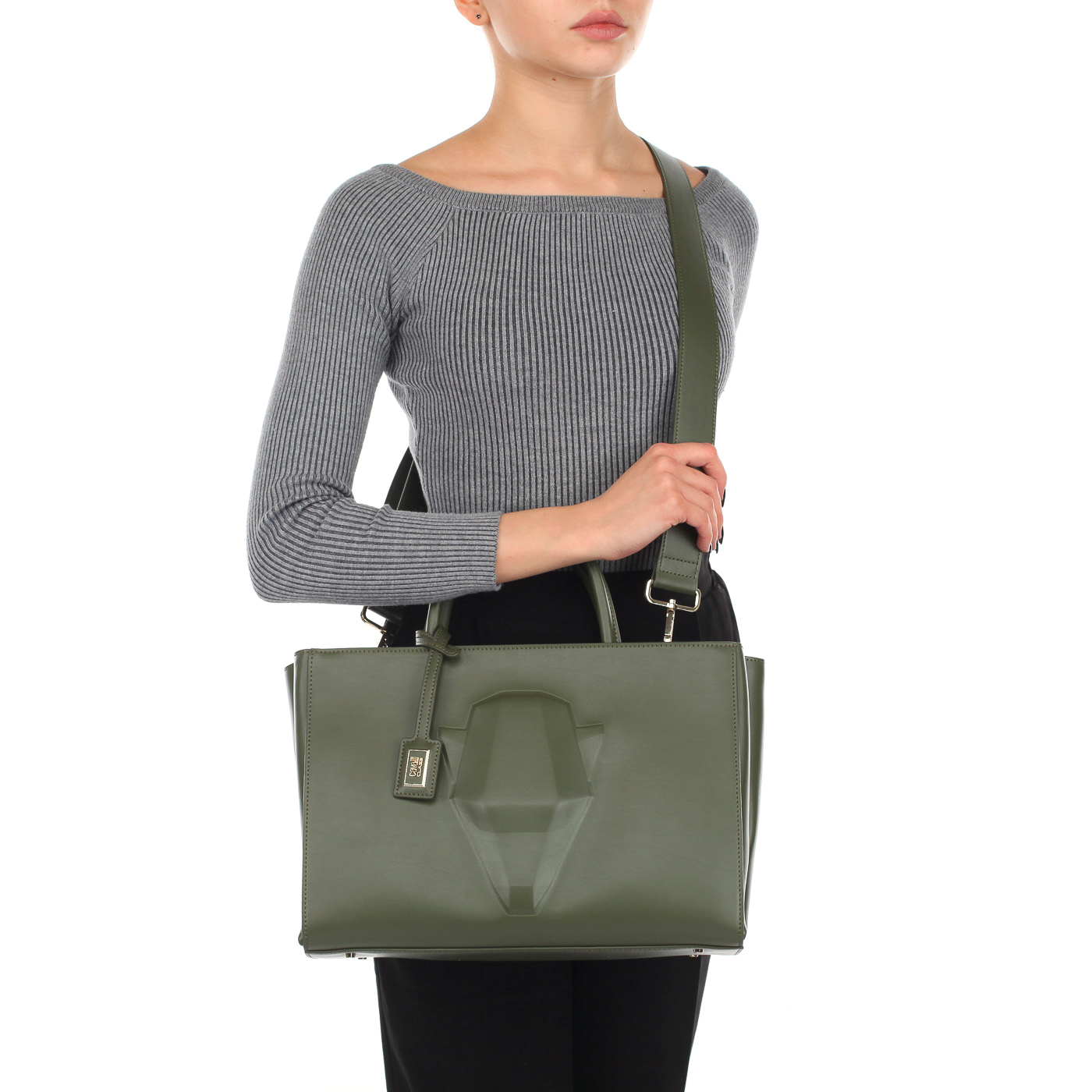 Вместительная зеленая сумка с короткими ручками Cavalli Class Panther 3D