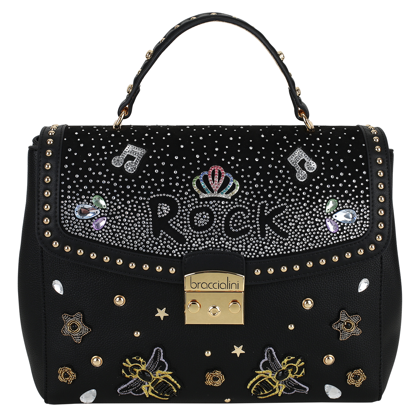 Zaino Donna Braccialini Rock - Ecopelle Nera Con Ricami Floreali E Borchie Dorate