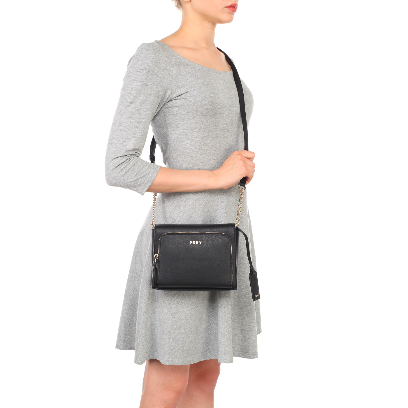 Маленькая черная сумка из сафьяновой кожи через плечо DKNY Saffiano