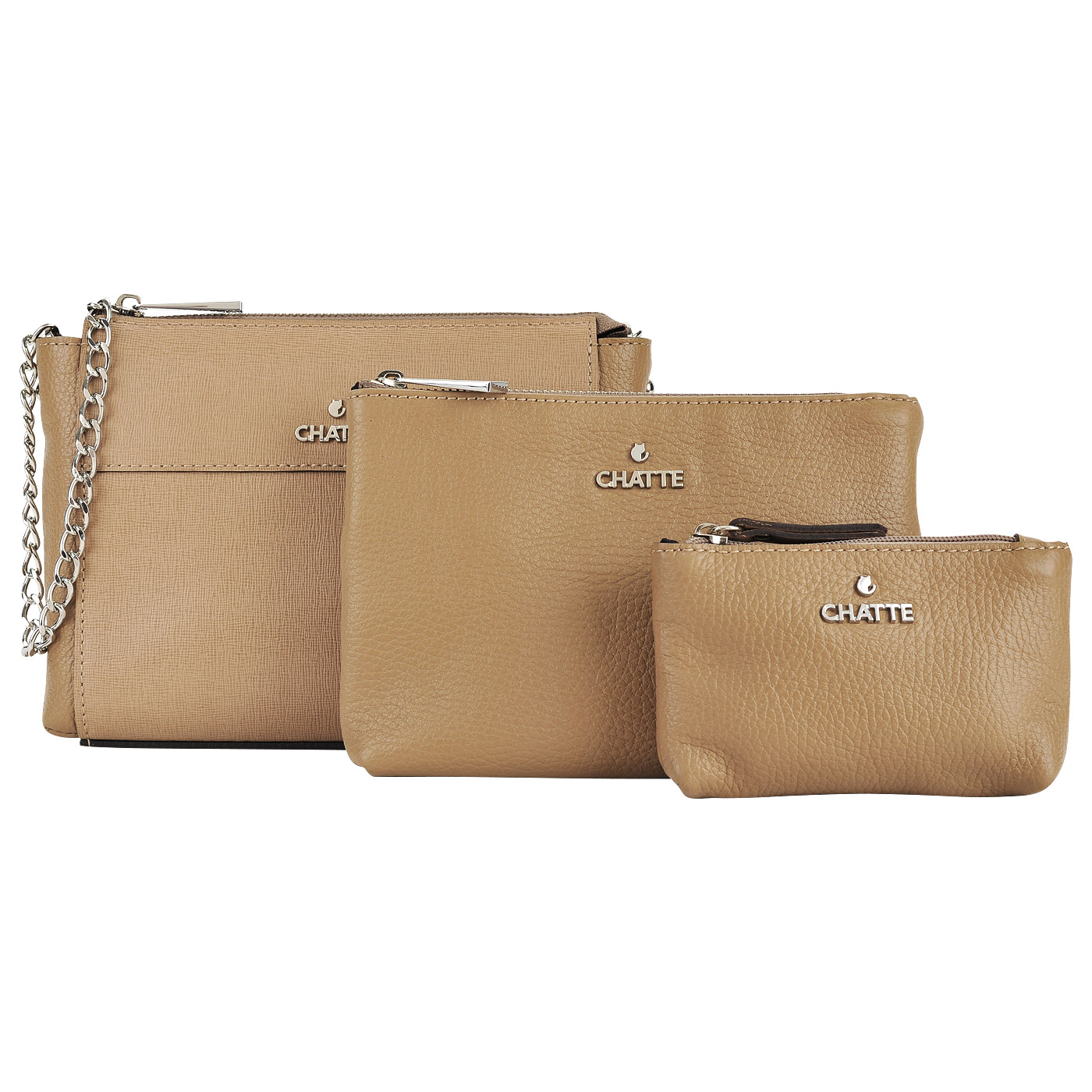 Chatte Женская кожаная сумочка на цепочке через плечо и две косметички в комплекте